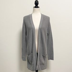 J Jill Gray Knit Ribbed Open Front Long Cardigan XS Pockets Alternating Ribbing
